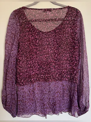 Cabi Silk Sonnet Blouse Purple Mangenta Long Sleeve Sheer Floral Boho Size S thumbnail 7