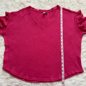 Anthropologie Pilcro Top Ruffled V-Neck Shirt Waffle Knit Raspberry Pink L thumbnail 12