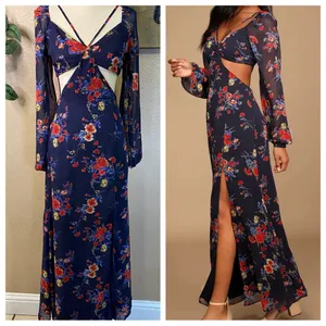 NWOT Lulus Growing, Growing, Gone Navy Blue Floral Print Cutout Maxi Dress thumbnail 2