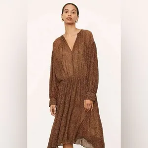 Vince Starry Dot Womens Dress M Medium Brown Long Sleeve Shirred Midi‎ $495 thumbnail 2