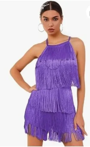 Women's Purple Fringe Halter Dress Flapper Gatsby Party Festival Size XL‎ thumbnail 1