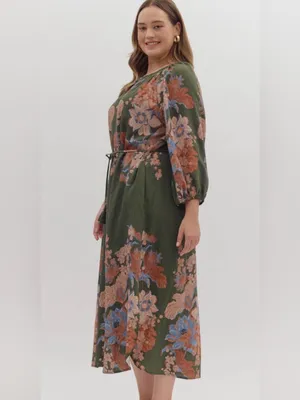 New!Entro Boutique Floral Tie-Waist Midi Dress in Olive Size 2X thumbnail 4