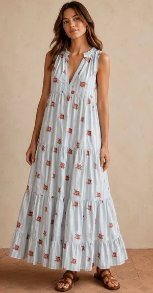 Sézane Blue Stripe Floral Tiered Maxi Dress Far36/US4 thumbnail 1