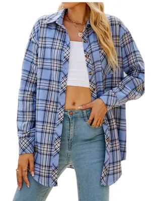 CHYRII Amazon Brand Women’s Oversized Blue Plaid Flannel Button Down Shirt thumbnail 1
