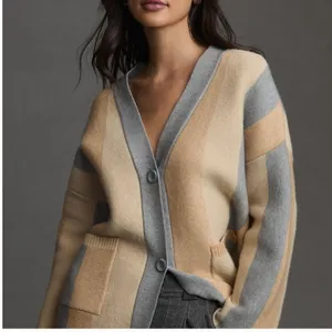 OAT New York Striped Knit Cardigan Sweater Pockets Cream Gray Women's‎ Large thumbnail 1