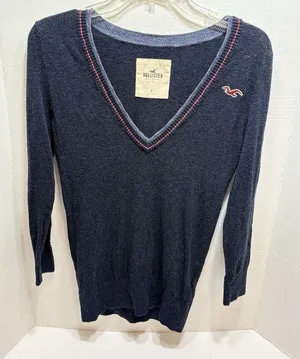 Hollister Y2K Navy V-Neck Sweater Red Striped Trim Preppy Bella Swan Core L thumbnail 1