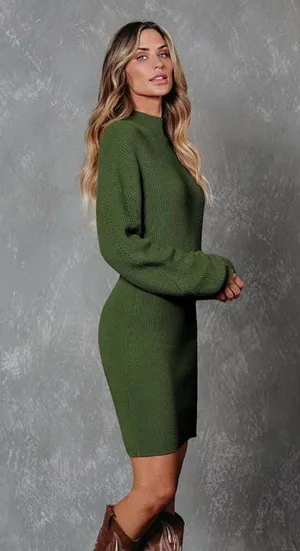 NEW Mock Neck Trendy Lantern Sleeve Ribbed Knit Bodycon Pullover Sweater Dress S thumbnail 6