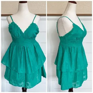 Wild Fable Emerald Green Floral Jacquard Tiered Mini Dress XS NWT Low Back‎ thumbnail 3