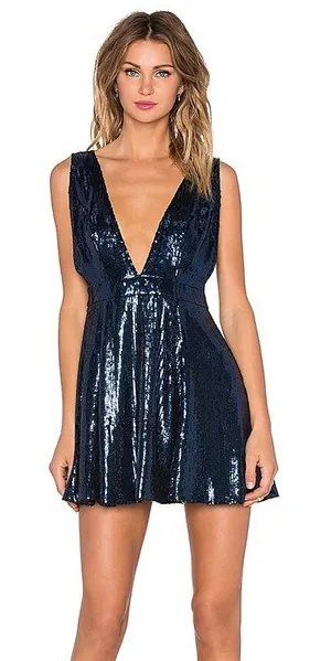 NBD Starry Nights Sequin Mini‎ Dress Navy Blue Small V Neck Clubwear Party thumbnail 1