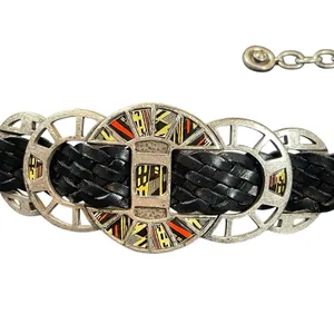 Y2K Chicos Black Braided Leather Chain Belt Enamel Concho Medallion Boho Western thumbnail 3