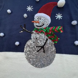 Holiday Time Snowman Sequin Ugly Christmas Sweater Womens 2X 20 Navy‎ White Poms thumbnail 4