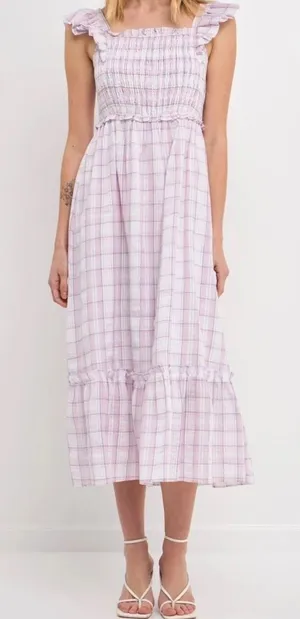 Main Strip Smocked linen type gingham plaid dress thumbnail 1
