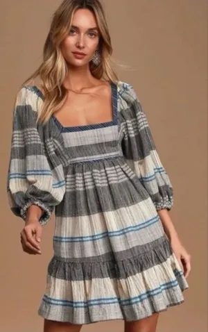 Free People All Lined Up Blue Multi Striped Puff Sleeve Mini Dress thumbnail 1