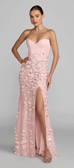 MAC DUGGAL Pink Size 8 3D Floral Strapless Sweetheart Gown With Slit Dress thumbnail 1