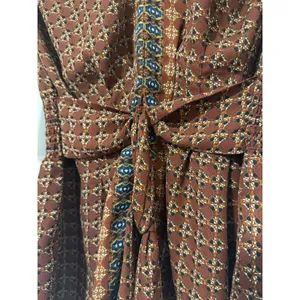Max Studio Womens Brown Geometric Print V-Neck‎ Tie Front Smocked Blouse Medium thumbnail 4