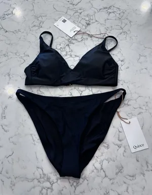 NWT Quince Black Italian V Neck Bikini Top & Low Rise Bottom Set Size XS thumbnail 1