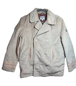 Vintage Replay And Sons Corduroy Pea Coat Beige/plaid Lining Size 6 Military thumbnail 1