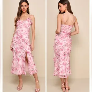Lulus Dreamy Personality Pink Floral Ruffled Sleeveless Midi Dress Size Small thumbnail 2