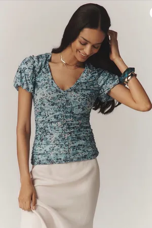Anthropologie Floral Romantic Boho Shirred Mesh Ruched Stretchy Top Size XS thumbnail 1