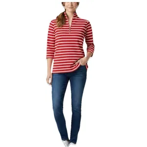 LL Bean Red White Stripes 1/4 Zip‎ French Sailor Pullover Top Size LARGE thumbnail 2
