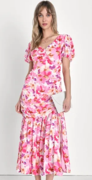 NWT Lulus Flourishing Favorite Floral Ruched Maxi Skirt Large IVORY/ PINK PURPLE thumbnail 1