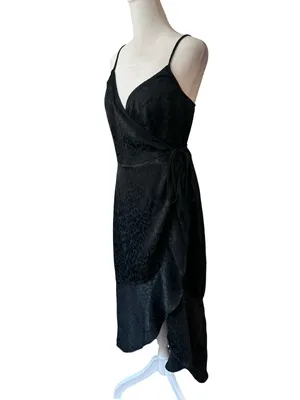 Abercrombie & Fitch BLK leopard satin ruffle wrap dress goth grunge edgy chic M thumbnail 4