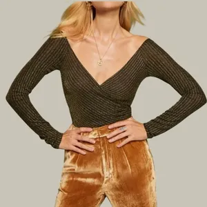 Reformation Gold Metallic Off Shoulder Wrap Crop Top Black Shimmer Long Sleeve S thumbnail 1