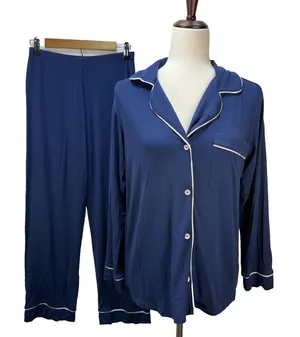 Eberjey Womens Gisele Tencel Modal Long Sleeve PJ Set Size XS Navy Ivory Pajamas thumbnail 1