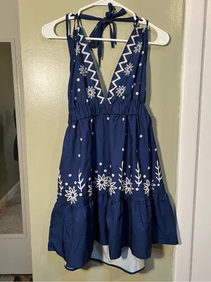 Women’s Sz Medium Floral Print Plunging Mini Dress Blue White Floral Halter Neck thumbnail 4