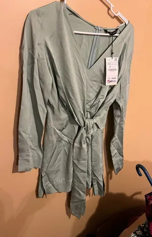 NWT Zara satin effect light green‎ mint mini dress xs thumbnail 1