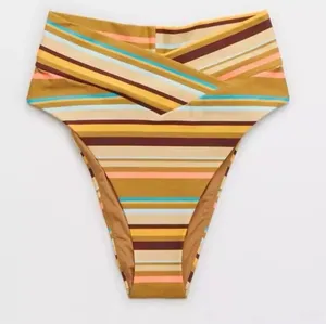 Aerie • NWT Yellow and Brown Blue Striped Bikini Bottom High Cut Cheeky thumbnail 1