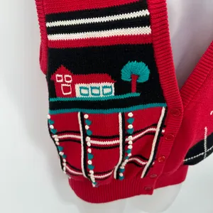 Vintage Koret Sweater Vest Women M Red Cotton Knit Argyle Tree House Cottagecore thumbnail 2