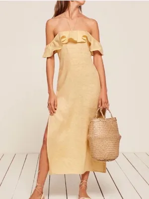 Reformation Madrid Buttercup Yellow Linen Off Shoulder Slit Ruffle Midi Dress thumbnail 2
