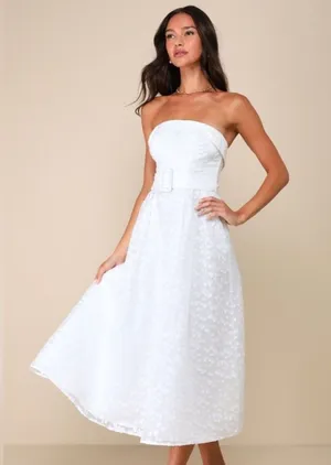 Lulus Enviable Grace White Burnout Strapless Belted Midi Dress Size Large Bridal thumbnail 1