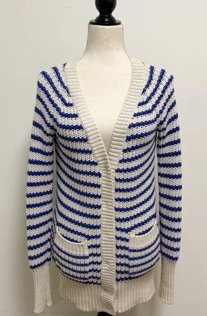 J Crew Cream Blue Purple Stripe Deep V Neck Snap Button Longer Sweater Cardigan thumbnail 1