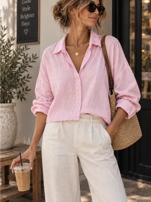 Zara Linen Blend Pink Oversized Cropped Button Down Travel Vacation Preppy Shirt thumbnail 1