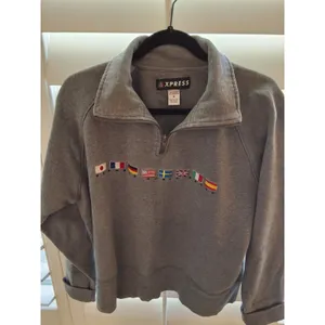 Vintage Express World Brand Quarter Zip Pullover Sweatshirt Gray Flags Size M thumbnail 2