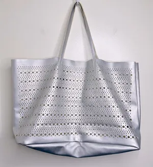 Saks Fifth Avenue Silver Laser Cut Tote Bag Reusable Shopping Bag thumbnail 1