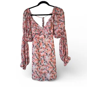 Lena Pink Orange Floral Boho Mini Dress Womens M Balloon Sleeve Spring Baddie thumbnail 2