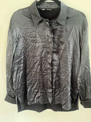 Zara Shiny Charcoal Black Satin Button-Up Shirt thumbnail 4