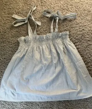 Ann Taylor LOFT Blue White Striped Smocked Tie Strap Tank Top Large thumbnail 1