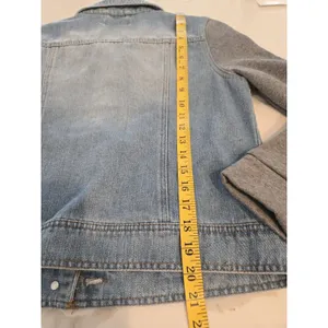 Working Title Denim Jacket Rhinestone Fringe Gray Knit Sleeves Pearl Buttons M thumbnail 8