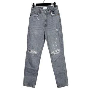 ZARA Straight Leg High Waisted Distressed Jeans Raw Hem 2 Rinsed Black #3900 thumbnail 2