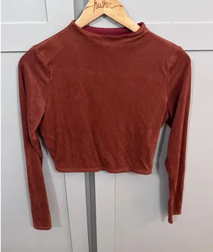 Windsor Rust Orange Faux Suede Mock Neck Long Sleeve Crop Top Womens thumbnail 1
