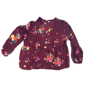 Old Navy Burgundy Floral V-Neck Peplum Blouse‎ Long Sleeve Top thumbnail 7