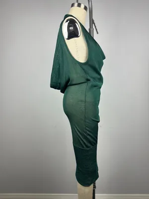 BeBe Y2K Green Cowl Neck Drape Back Bodycon Midi Dress Size S thumbnail 4