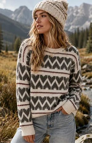 LA MEIL Knit Sweater Women’s Size Small Fair Isle Boho Pullover Cream Gray New thumbnail 1