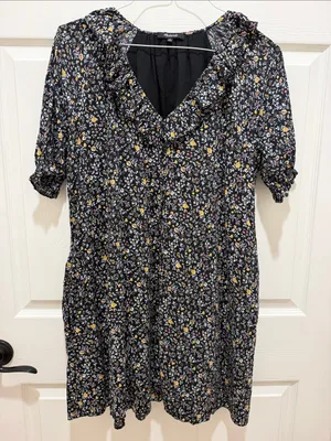 Madewell Floral Ruffle Neck Short Sleeve Dress Black Multicolor Medium Mini thumbnail 1