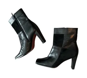 Black Mixed Media Leather Suede Square Toe Block Heel Ankle Boots Size 8M thumbnail 1