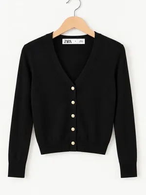 ZARA Black Classic Knit Cardigan Metallic Gold Snap Button V-Neck Sweater Small thumbnail 4